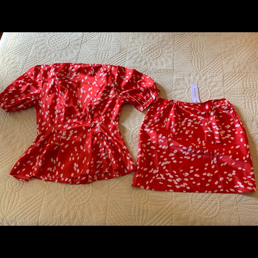 Painterly polka dots top-skirt (tailleur)in satin